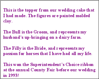 explanation that cake top has bull figure for groom, and filly figure for bride
